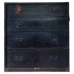 19th C Edo Japanese Antique Mid-Size Black Mizuya Tansu Chest with 4 Drawers