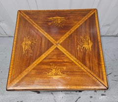 19th C. Edwardian Mahogany Inlaid Marquetry Handkerchief Fold-Top Games Table