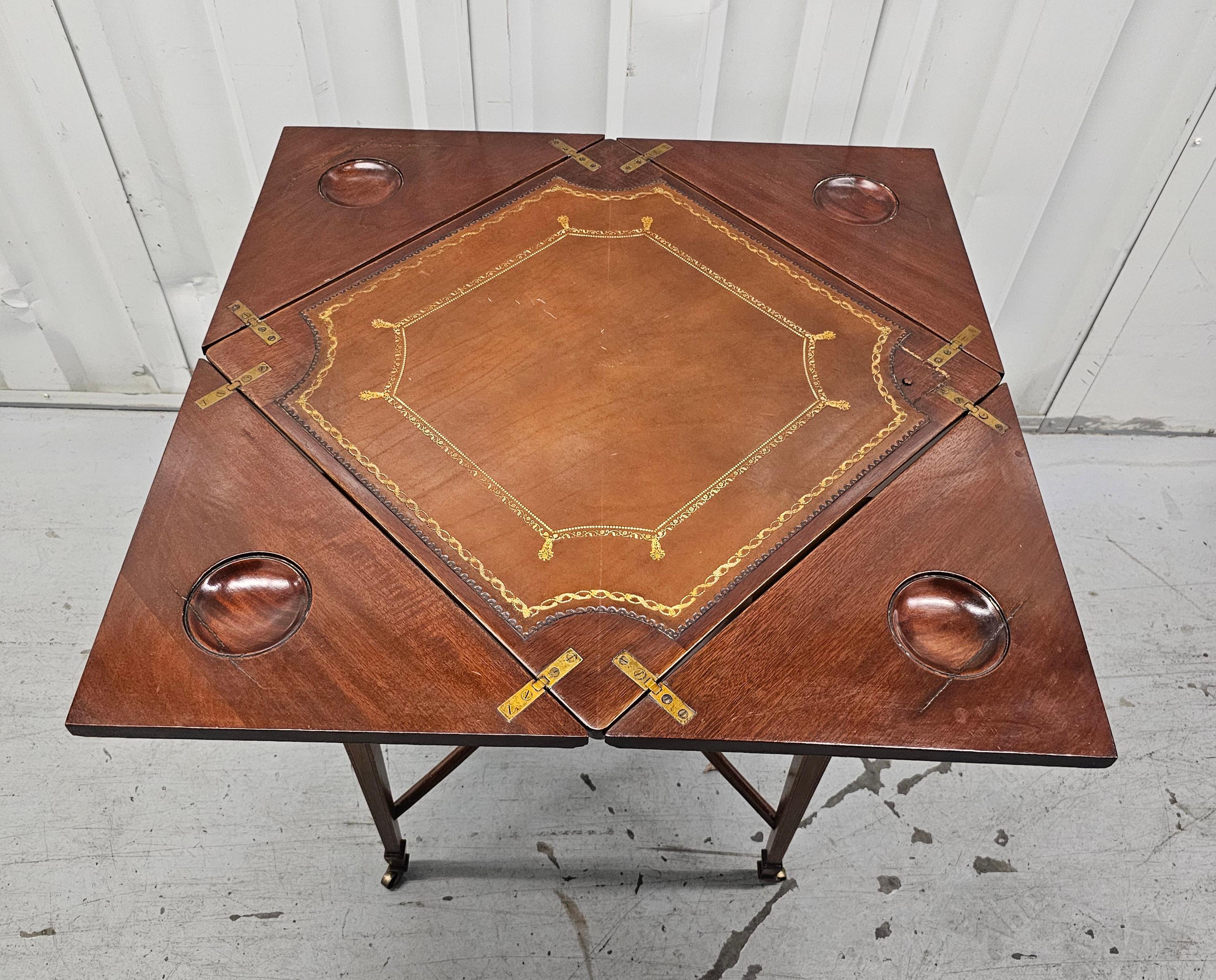 Inlay 19th C. Edwardian Mahogany Inlaid Marquetry Handkerchief Fold-Top Games Table For Sale