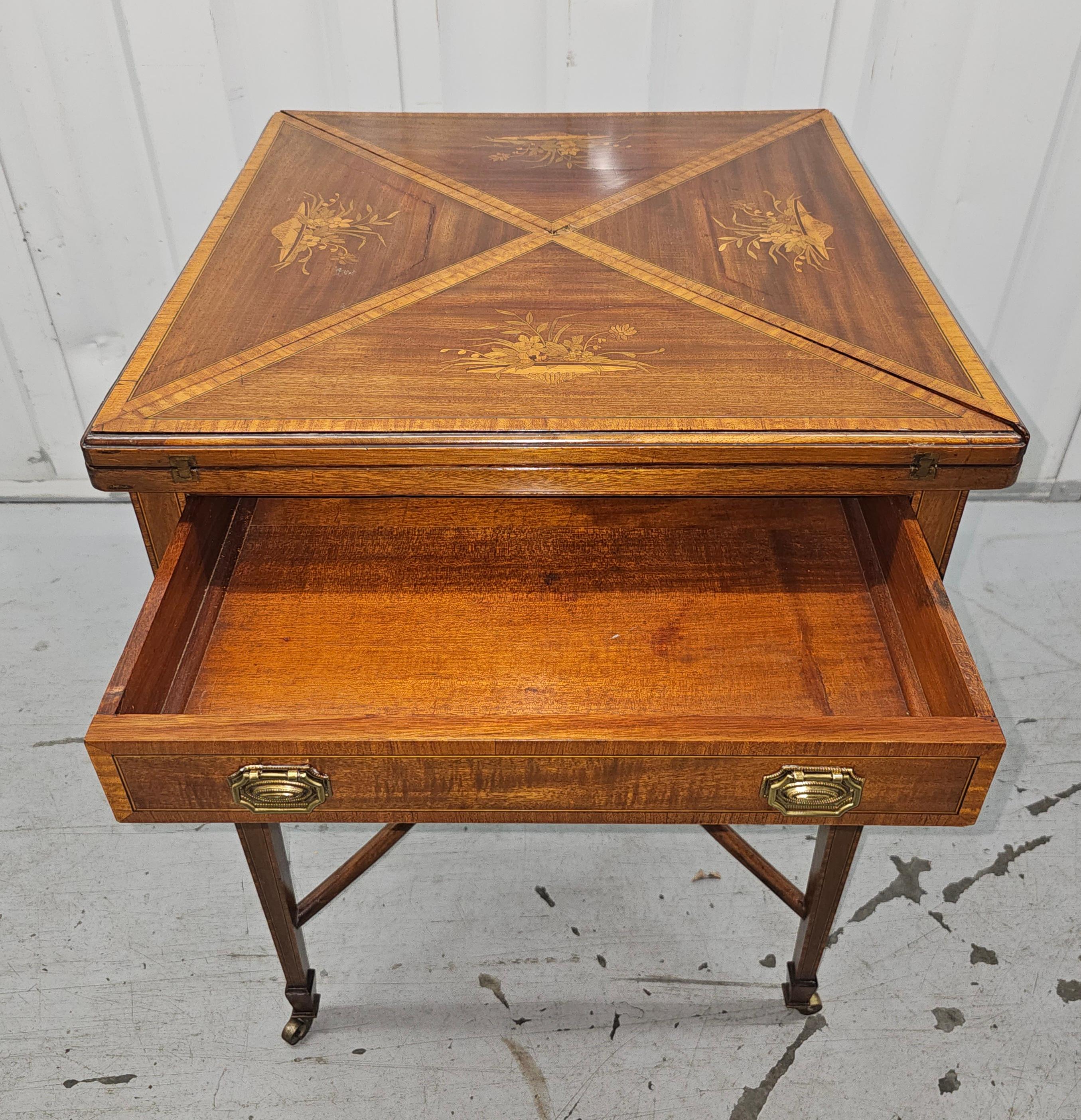 19th C. Edwardian Mahogany Inlaid Marquetry Handkerchief Fold-Top Games Table In Good Condition For Sale In Germantown, MD