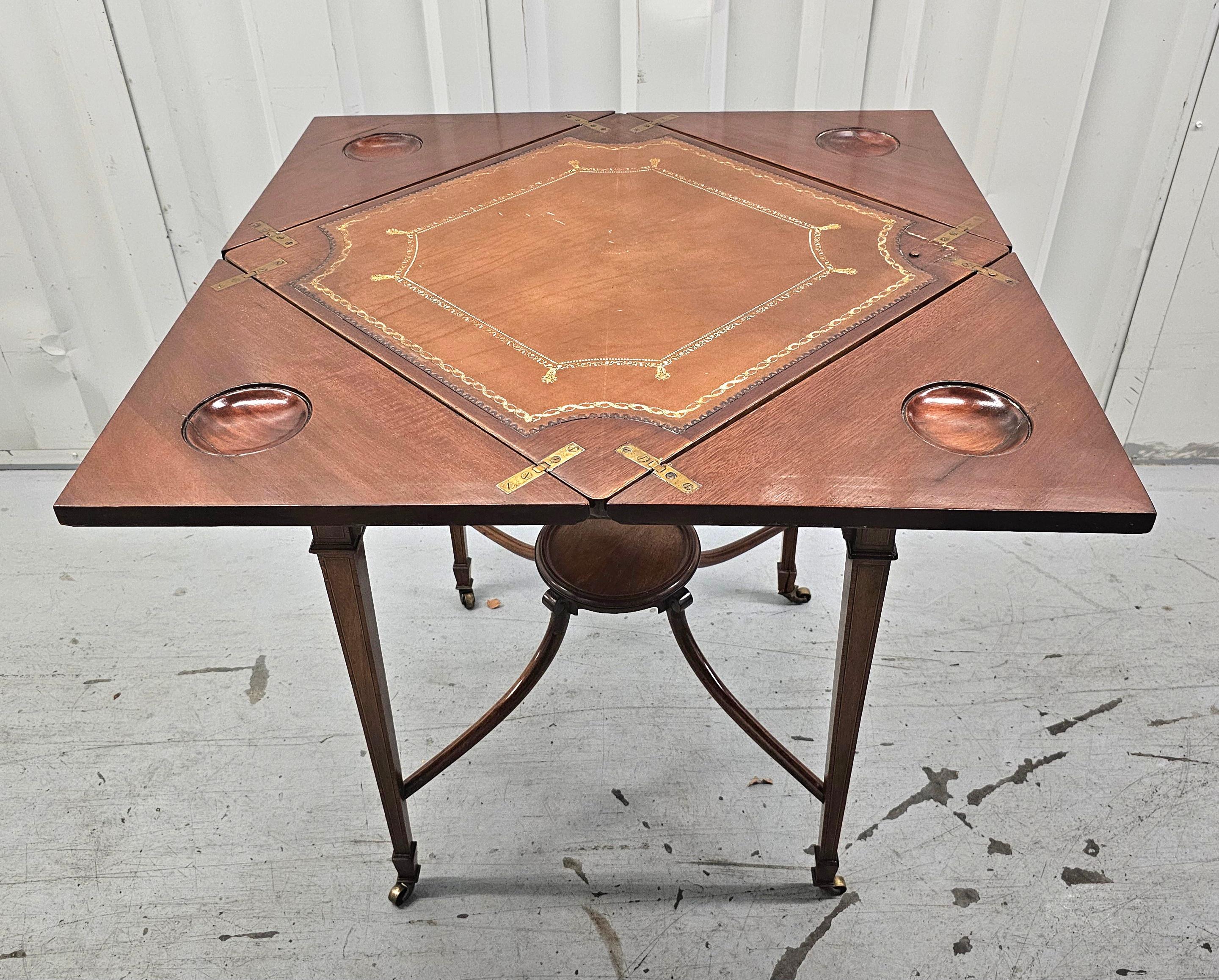 19th Century 19th C. Edwardian Mahogany Inlaid Marquetry Handkerchief Fold-Top Games Table For Sale