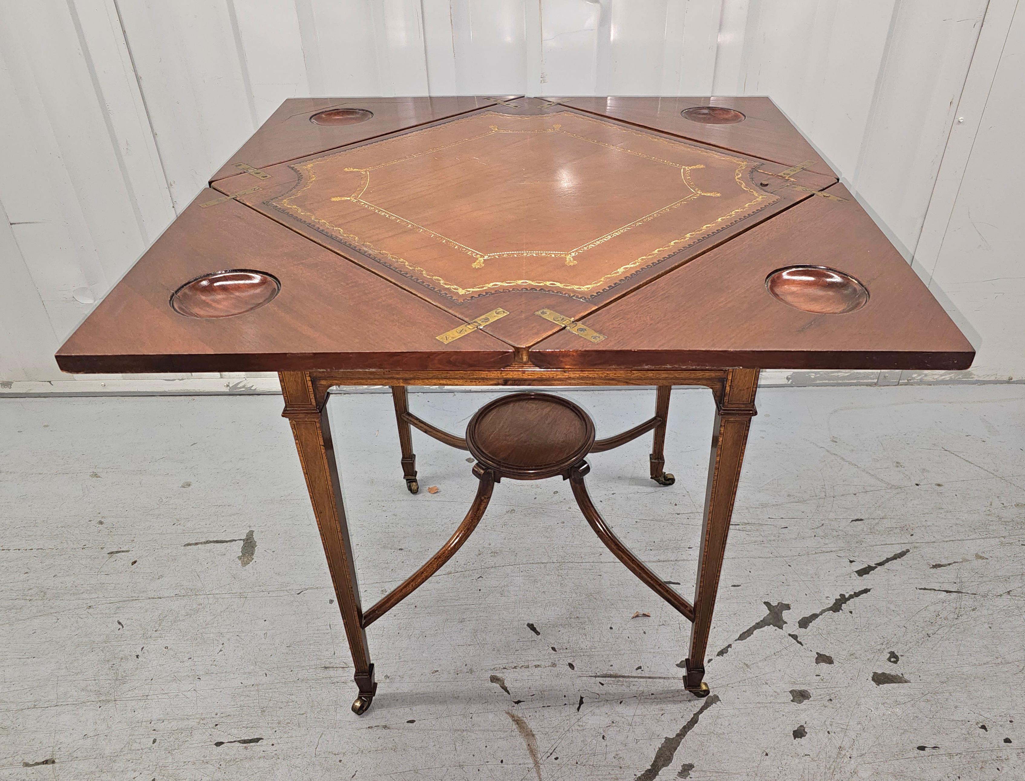 19th C. Edwardian Mahogany Inlaid Marquetry Handkerchief Fold-Top Games Table For Sale 1