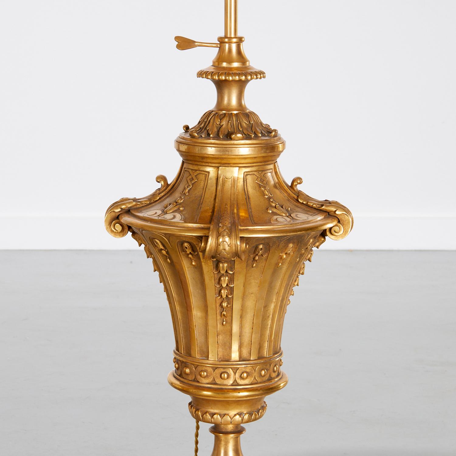 Cast 19th C. E.F. Caldwell (attrib) Pair of Gilt Bronze and Rouge Royale Marble Lamps For Sale