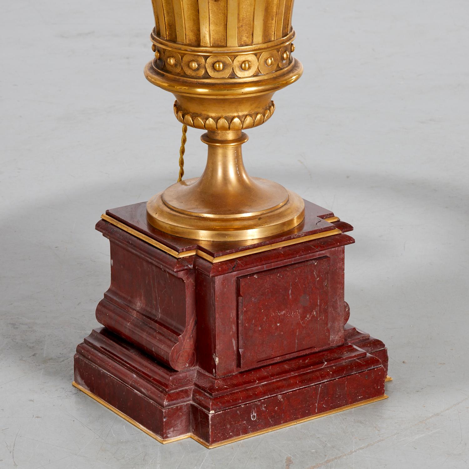 Late 19th Century 19th C. E.F. Caldwell (attrib) Pair of Gilt Bronze and Rouge Royale Marble Lamps For Sale