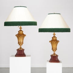 19th C. E.F. Caldwell (attrib) Pair of Gilt Bronze and Rouge Royale Marble Lamps