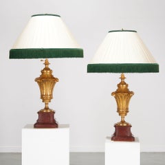 19th C. E.F. Caldwell (attrib) Pair of Gilt Bronze and Rouge Royale Marble Lamps