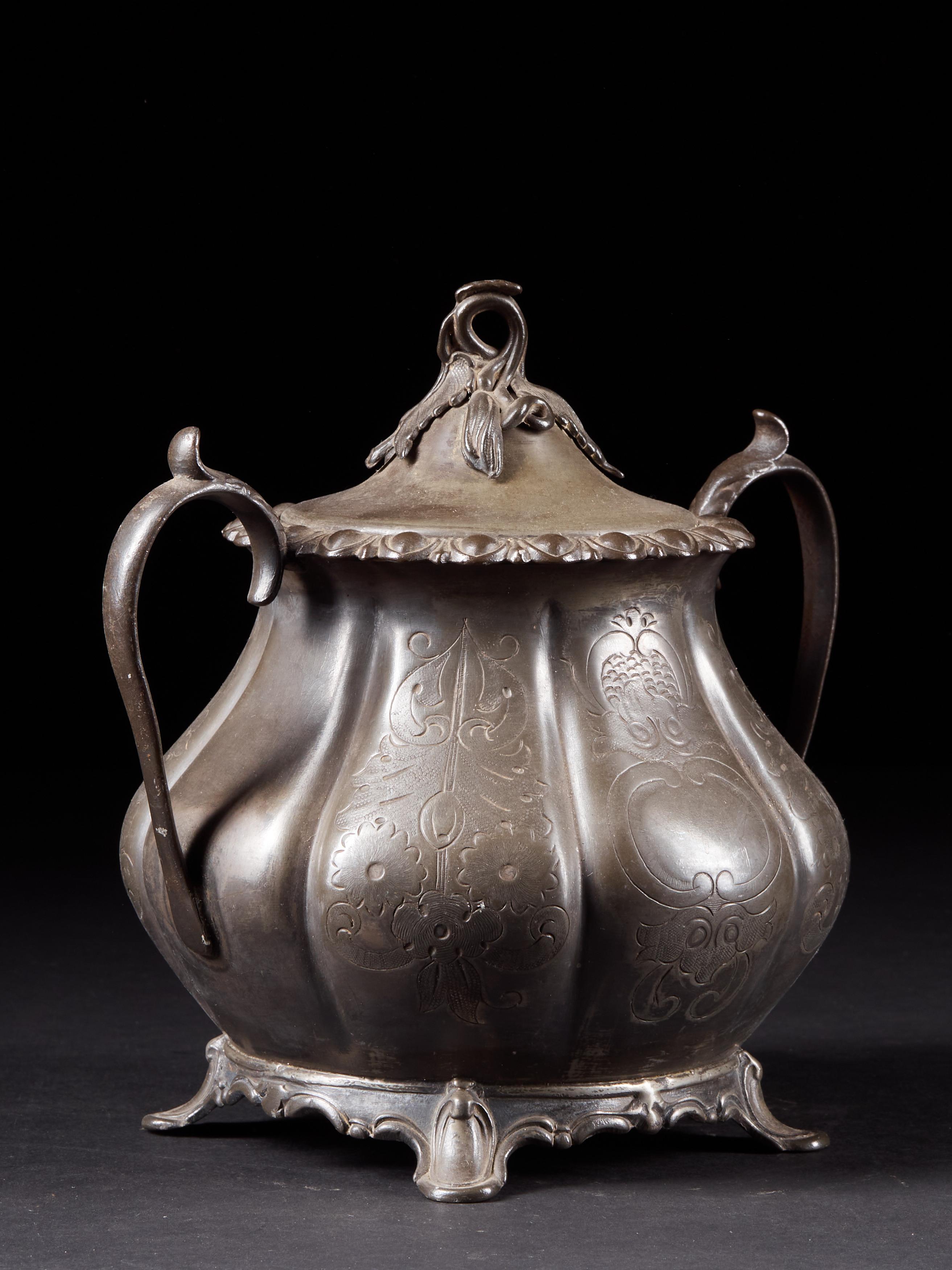 Pewter 19th Century, Elegant Sugar or Cream Pot with an Embossed Floral Pattern