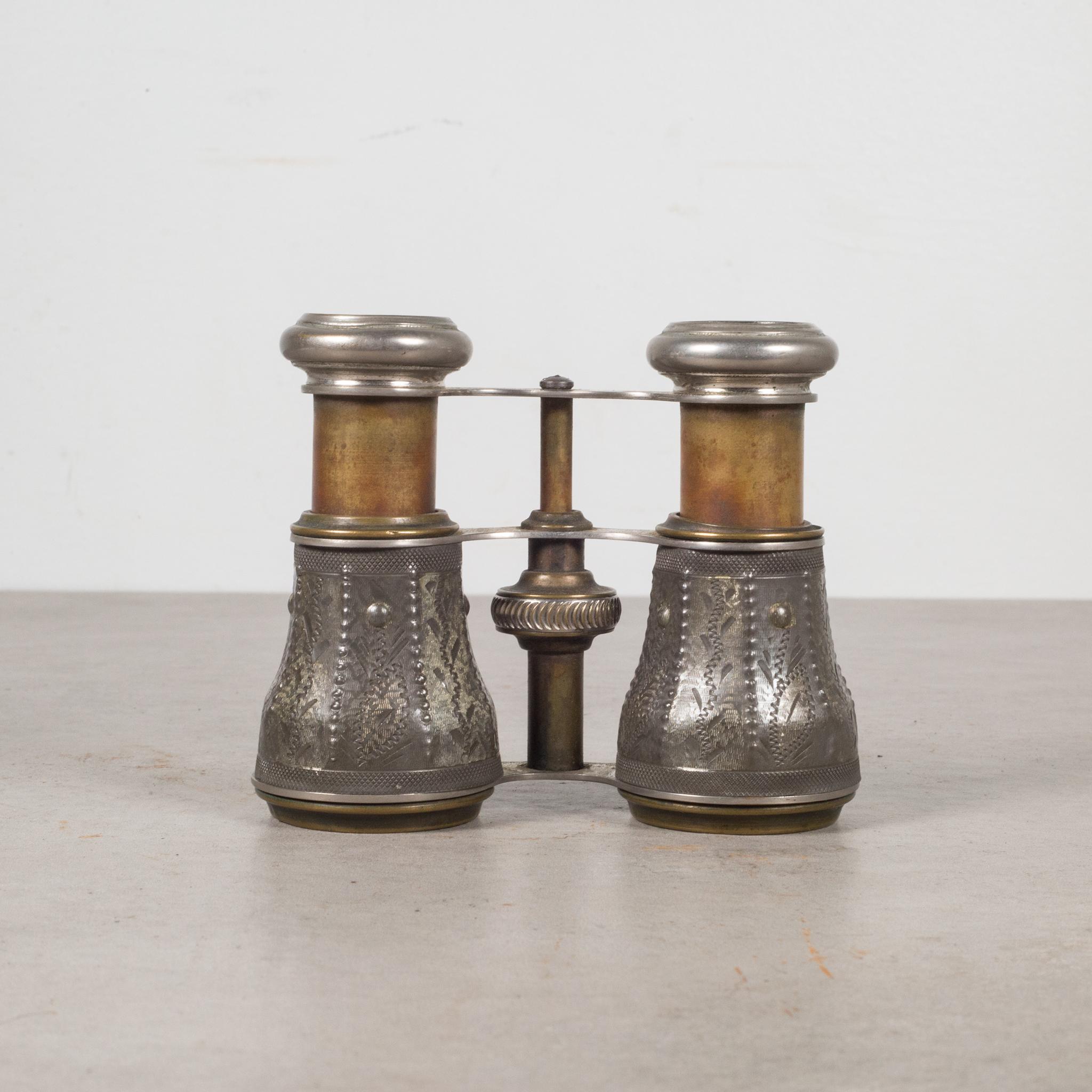 French 19th c. Embossed Pewter and Brass Opera Binoculars, c.1880s