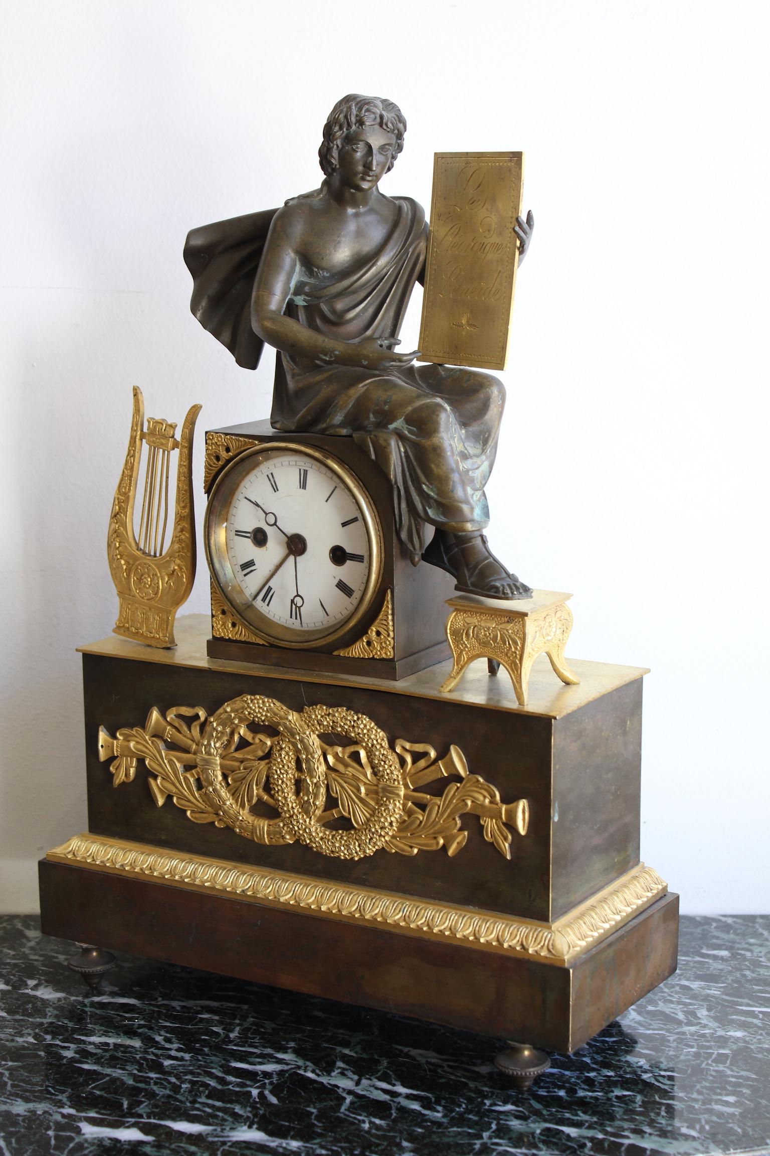 French 19th Century Empire Clock in Gilded Bronze For Sale