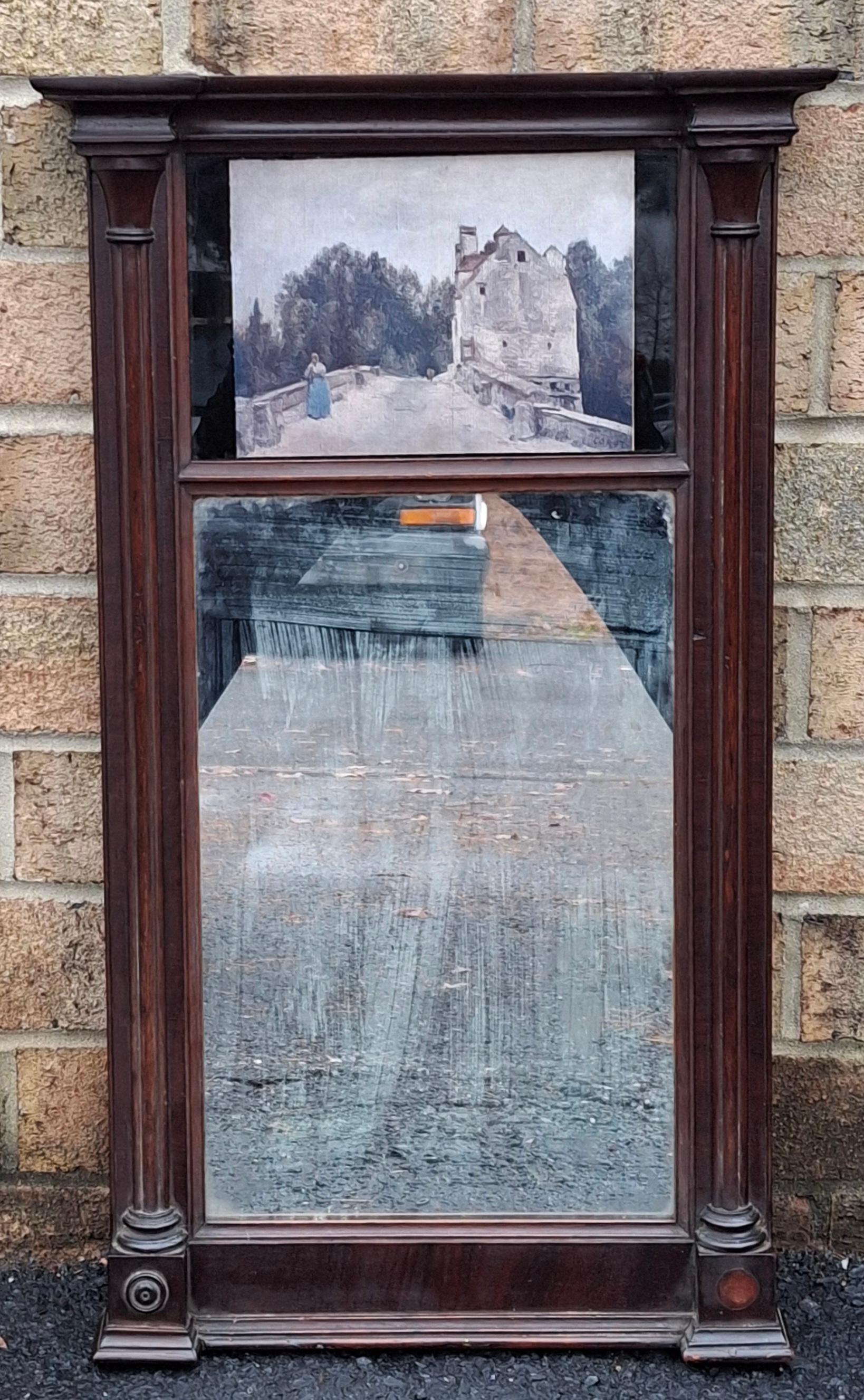 A 19th Empire Style Mahogany Frame Trumeau Mirror with an Inset Print Signed after Jean-Baptiste-Camille Corot. Mirror glass appears to be original. Original Hardwood backing.
Measures: 18