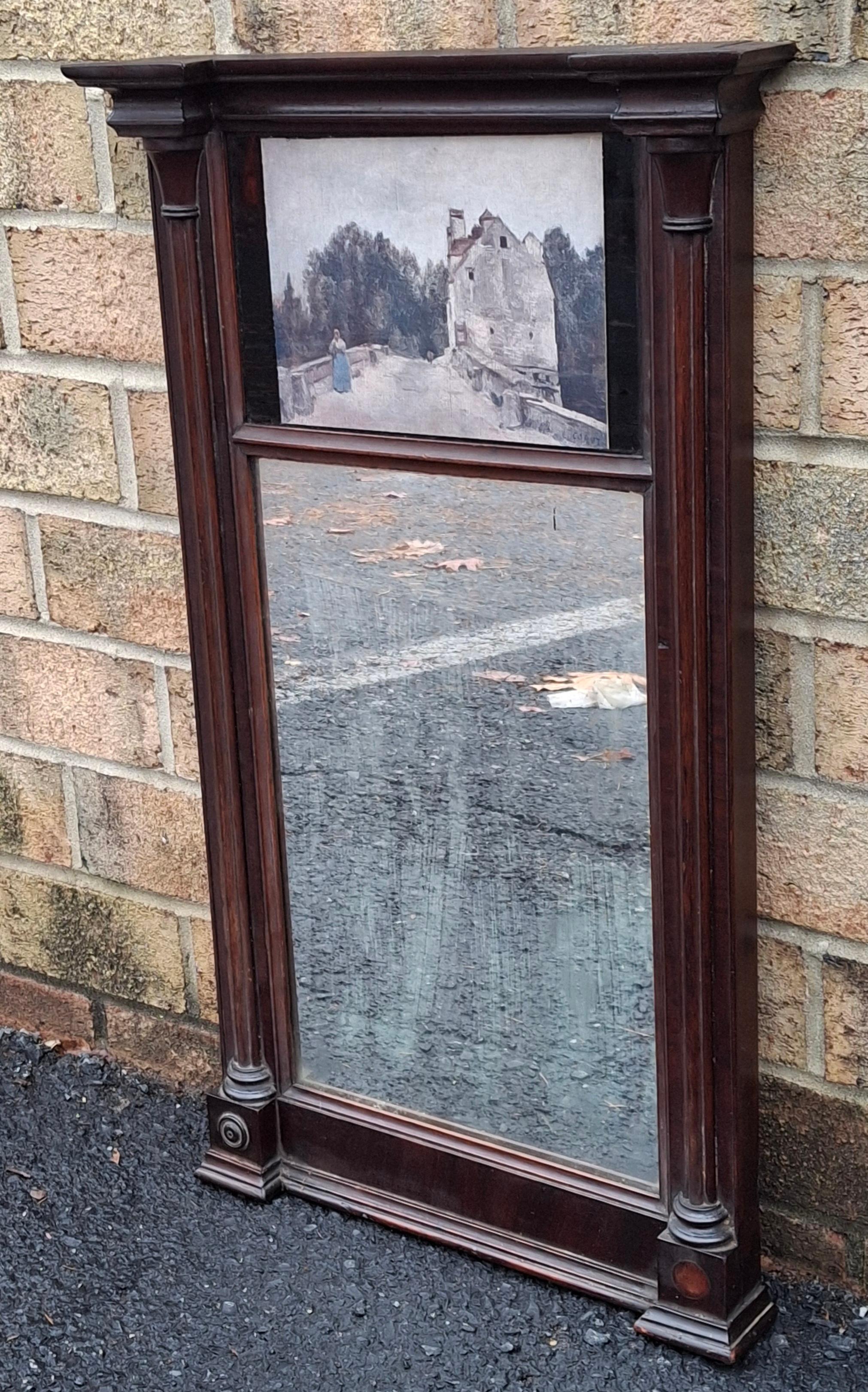 Carved 19th C. Empire Mahogany Frame Mirror W. an Inset Print after J.B. Camille Carot For Sale