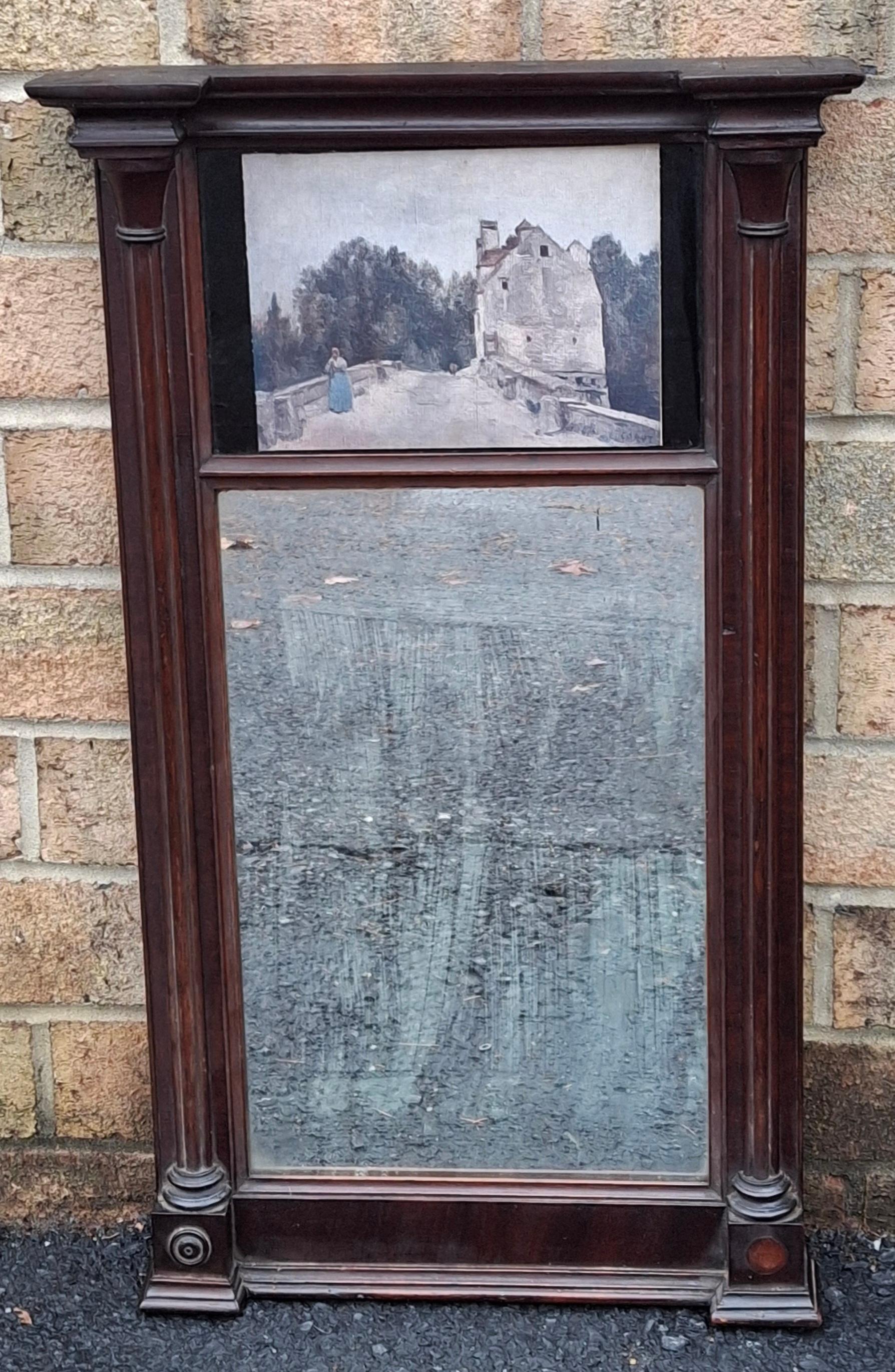 19th C. Empire Mahogany Frame Mirror W. an Inset Print after J.B. Camille Carot For Sale 1