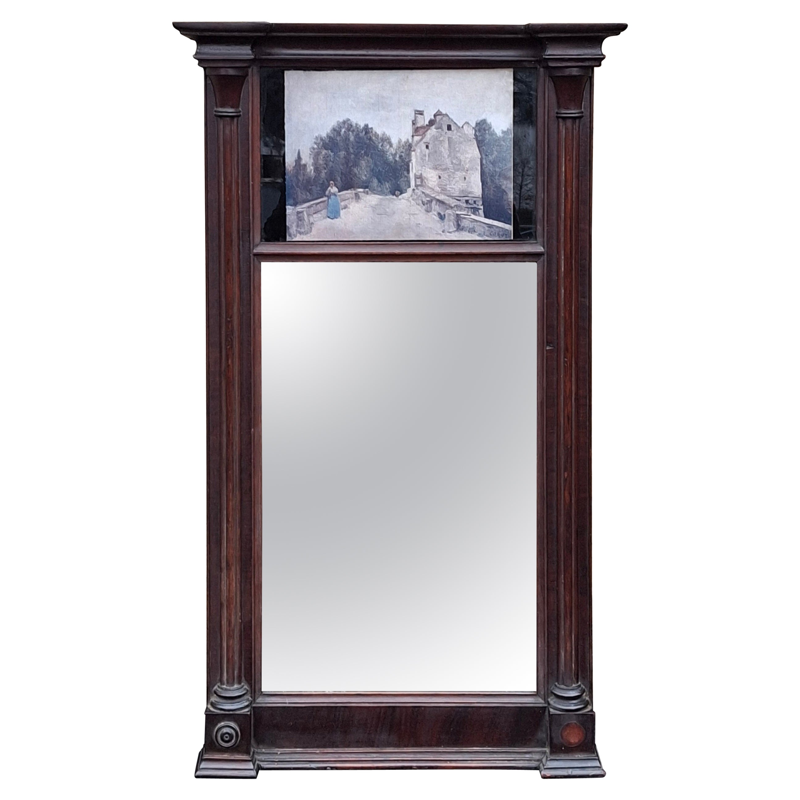 19th C. Empire Mahogany Frame Mirror W. an Inset Print after J.B. Camille Carot For Sale