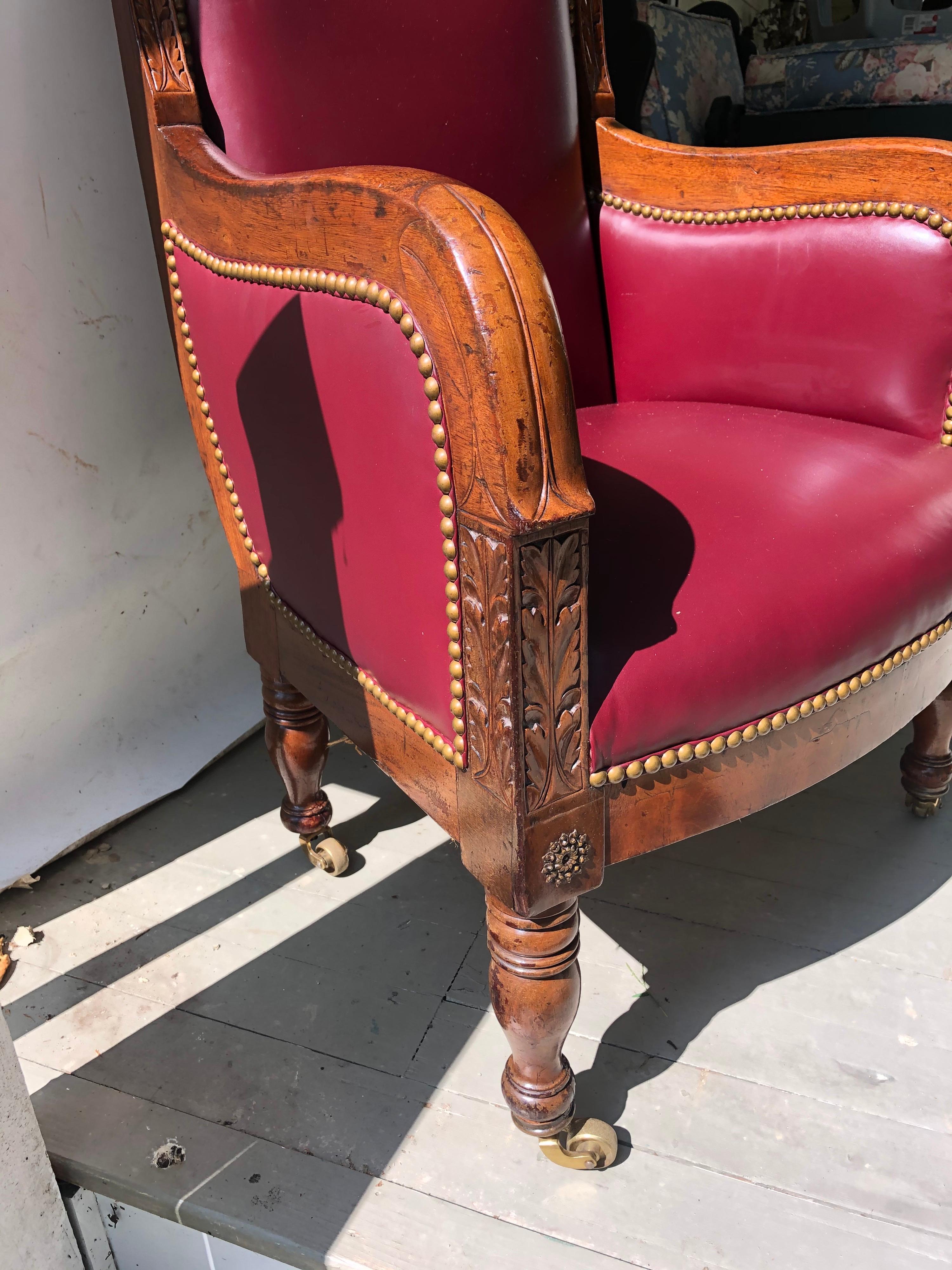 Mahogany 19th Century Empire Library Chair on Brass Casters For Sale 5