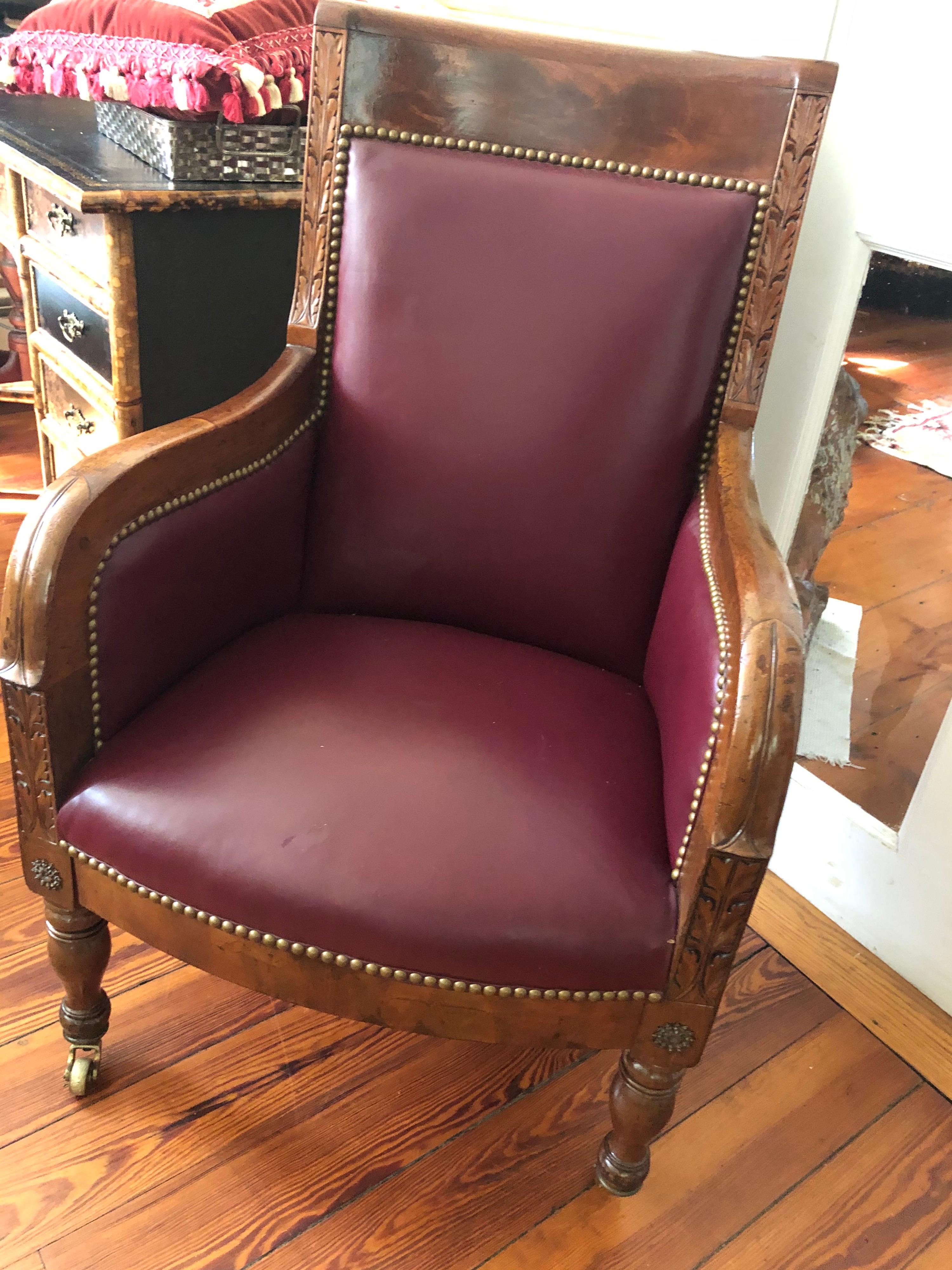 Mahogany 19th Century Empire Library Chair on Brass Casters For Sale 1