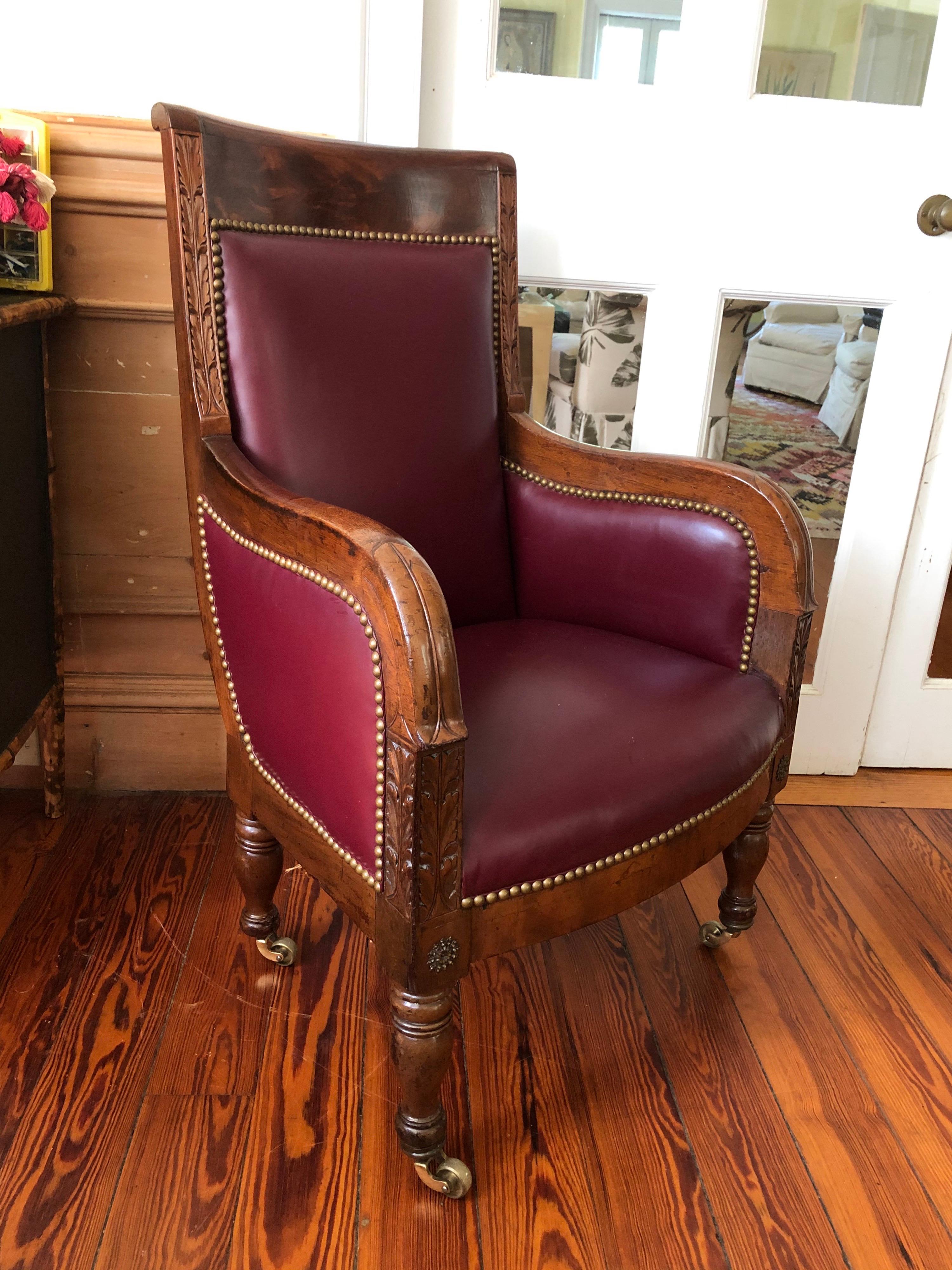Mahogany 19th Century Empire Library Chair on Brass Casters For Sale 2