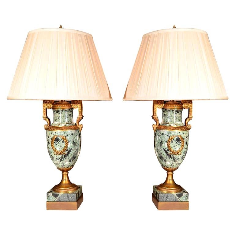 19th c Empire marble and bronze dore urn lamps