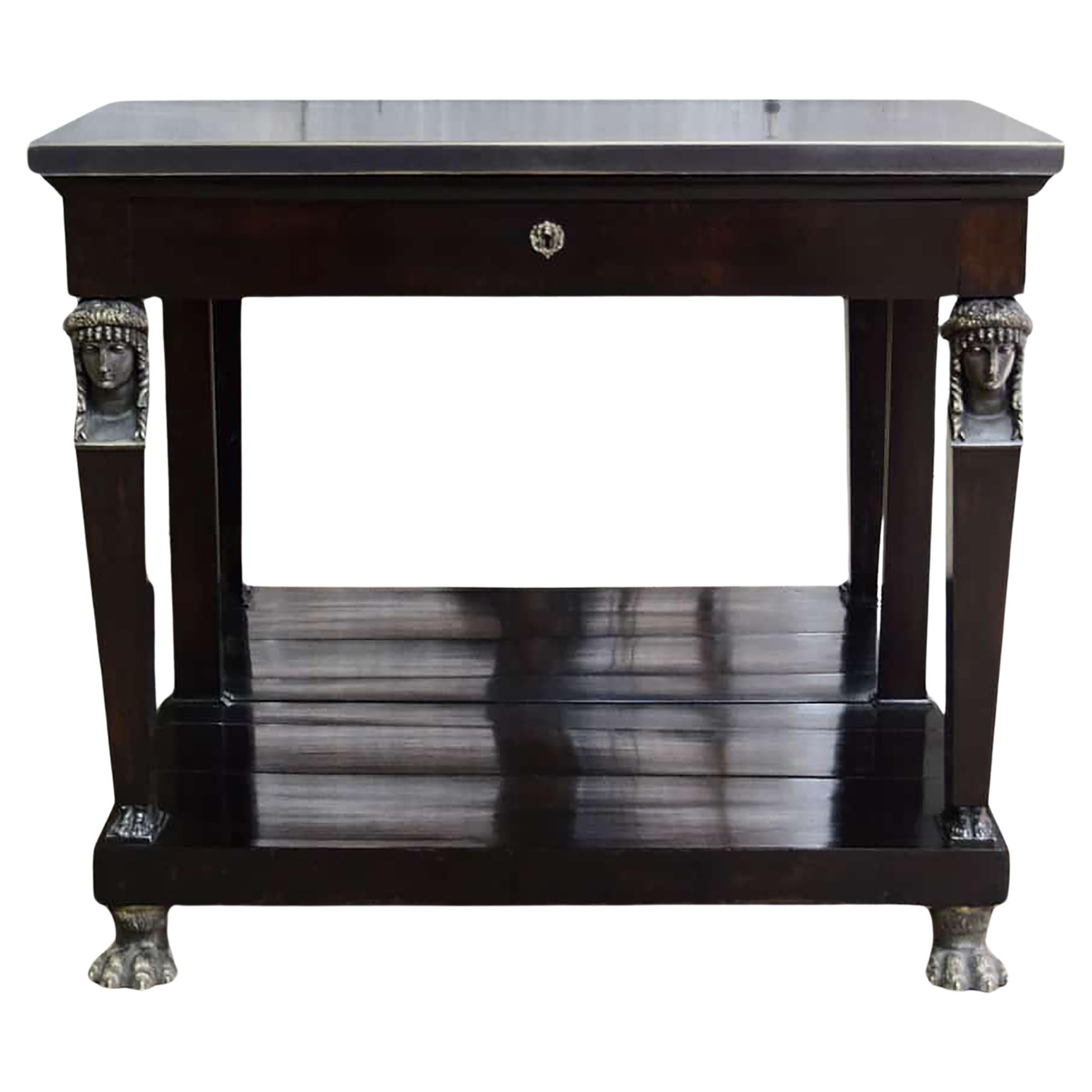 19th C. Empire Style Mahogany Console with Bronze Caryatid and Mirrored Back For Sale