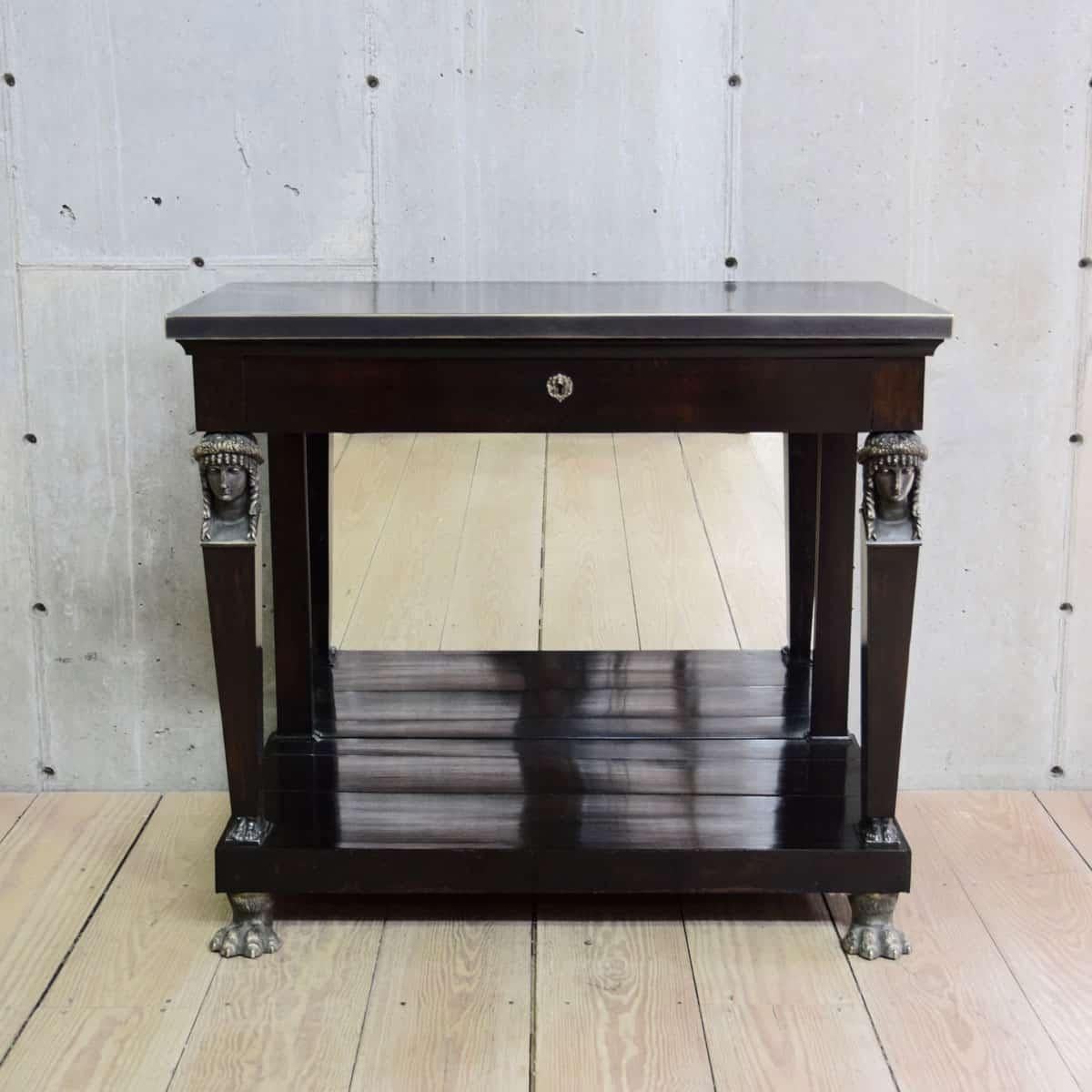 19th C. Empire Style Mahogany Console with Bronze Caryatid and Mirrored Back In Good Condition For Sale In Kent, CT