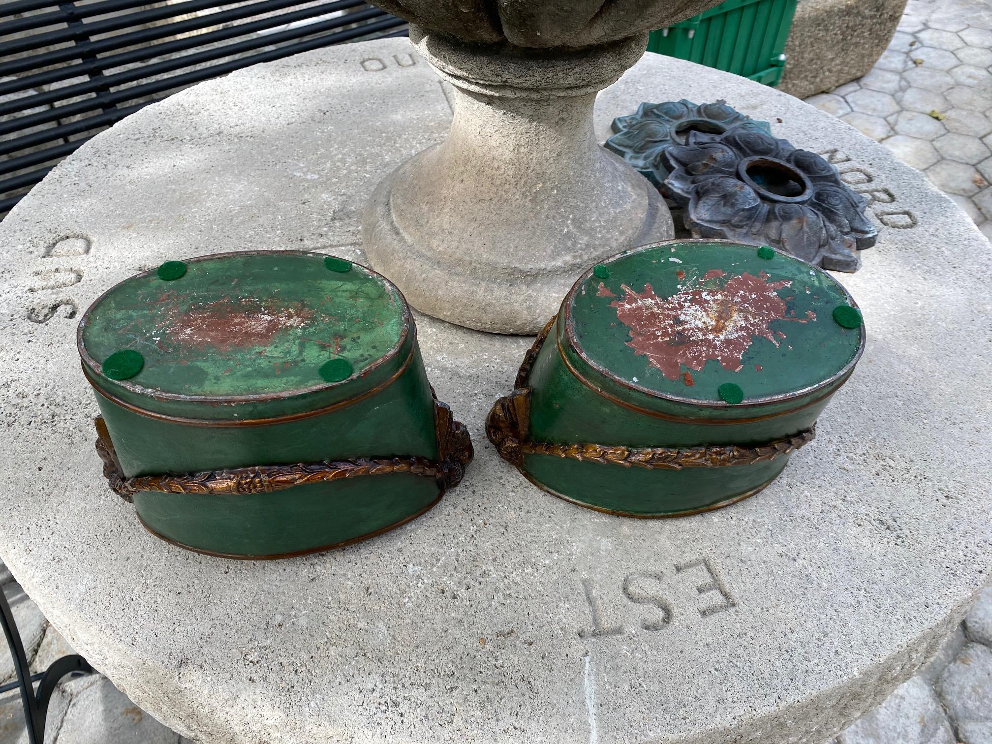 19th C Empire Tole Painted Green & Bronze Jardinières Urns Cachepot, Pair 7