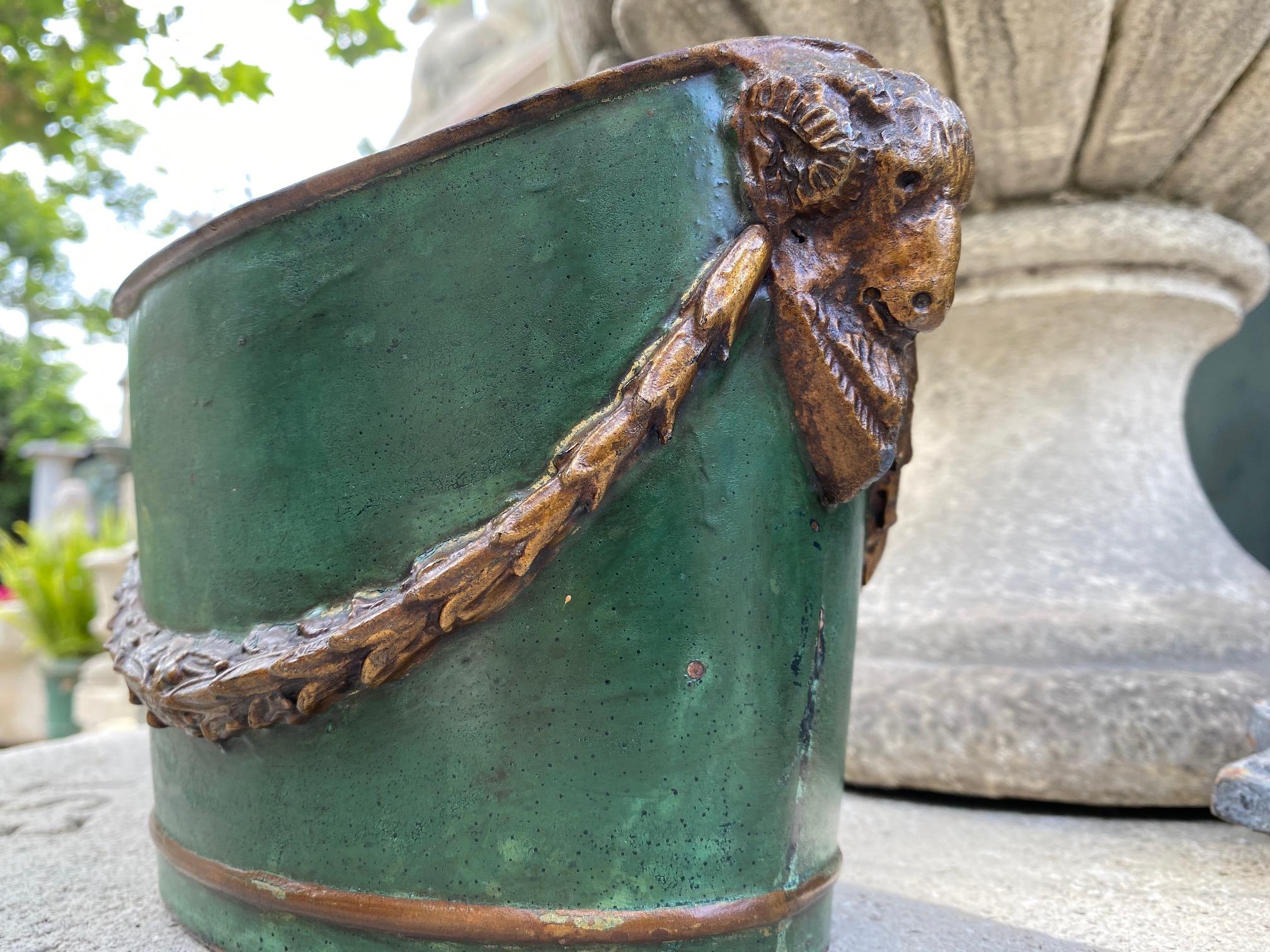 19th C Empire Tole Painted Green & Bronze Jardinières Urns Cachepot, Pair 3