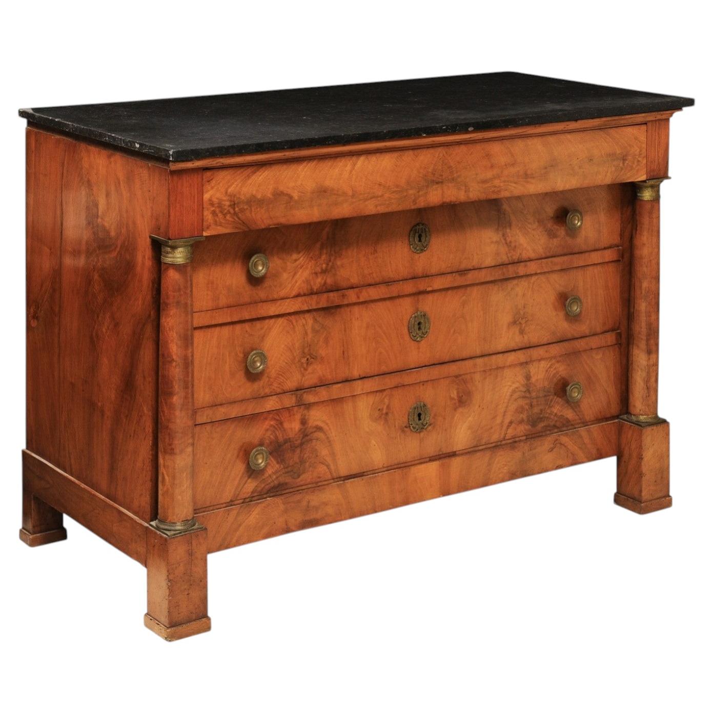 19th c. Empire Walnut Commode with Black Marble Top