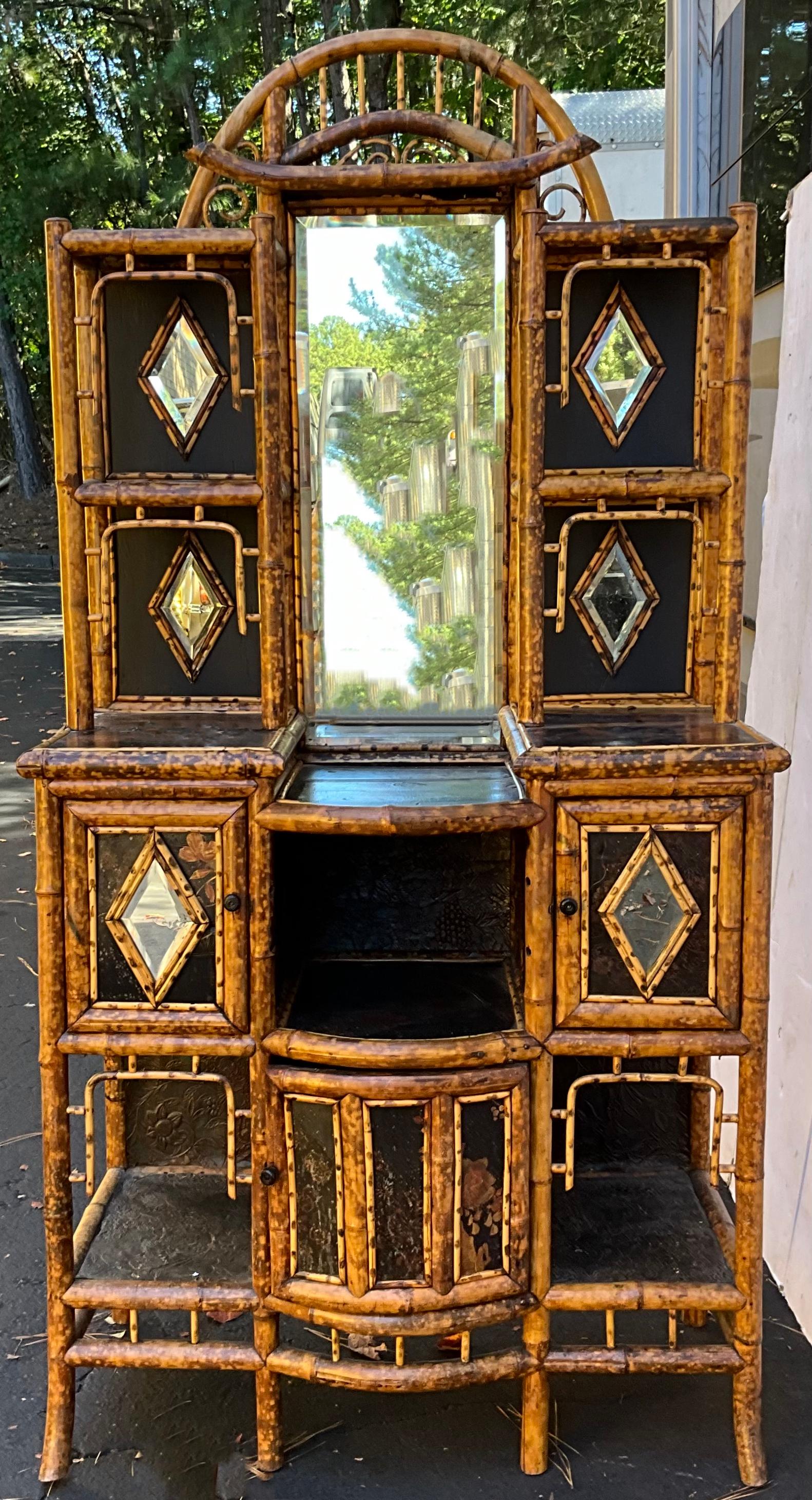 19th-C. English Aesthetic Movement Bamboo & Lacquer Cabinet / Etagere / Vanity  For Sale 4