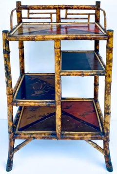 19th-C. English Aesthetic Movement Lacquer & Burnt Bamboo Plant Stand / Shelf