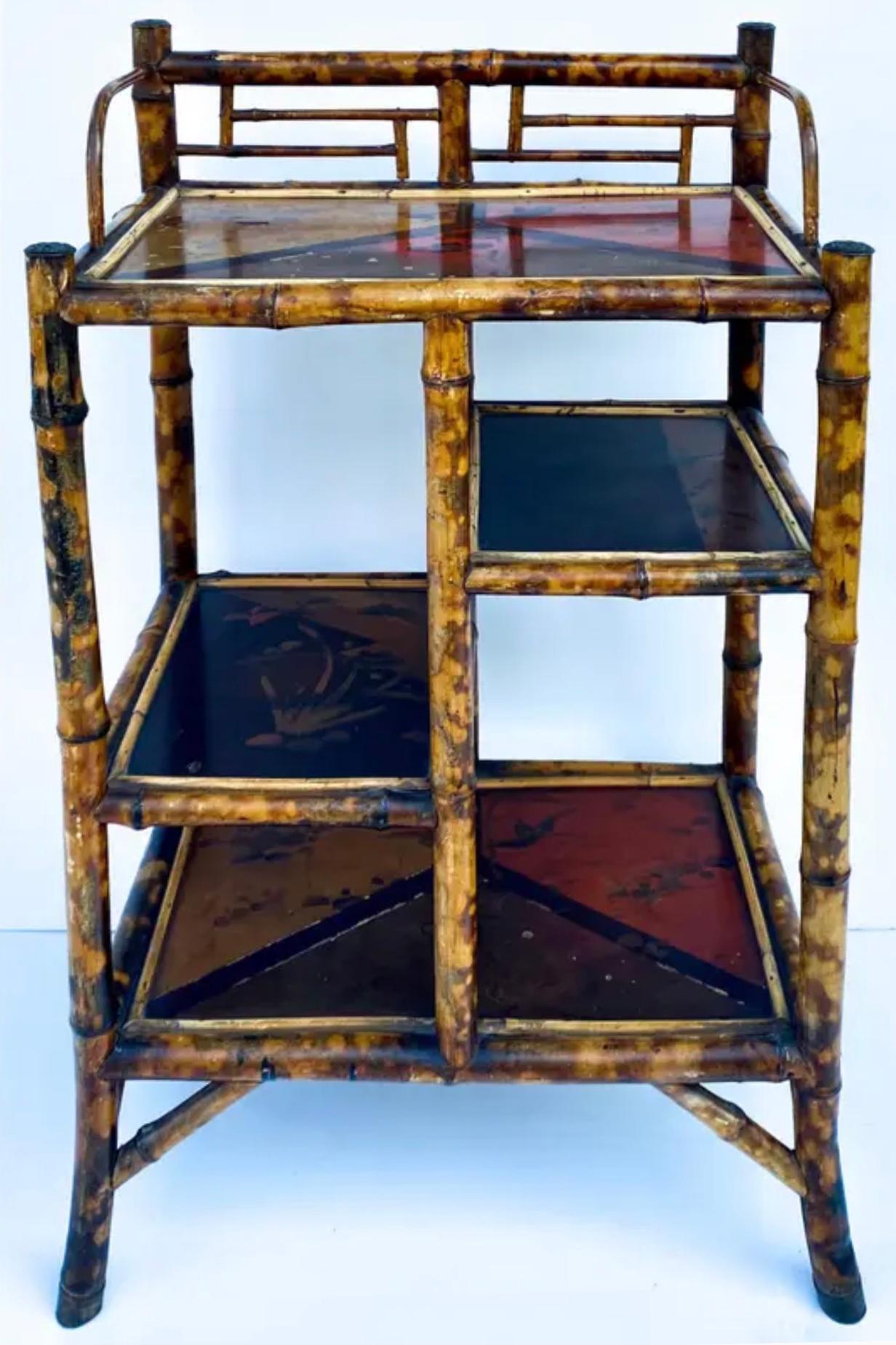 19th Century 19th-C. English Aesthetic Movement Lacquer & Burnt Bamboo Plant Stand / Shelf