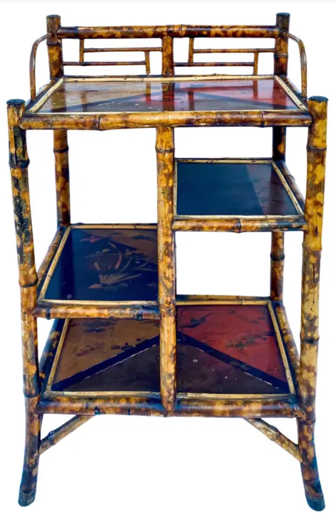 19th-C. English Aesthetic Movement Lacquer & Burnt Bamboo Plant Stand / Shelf 1