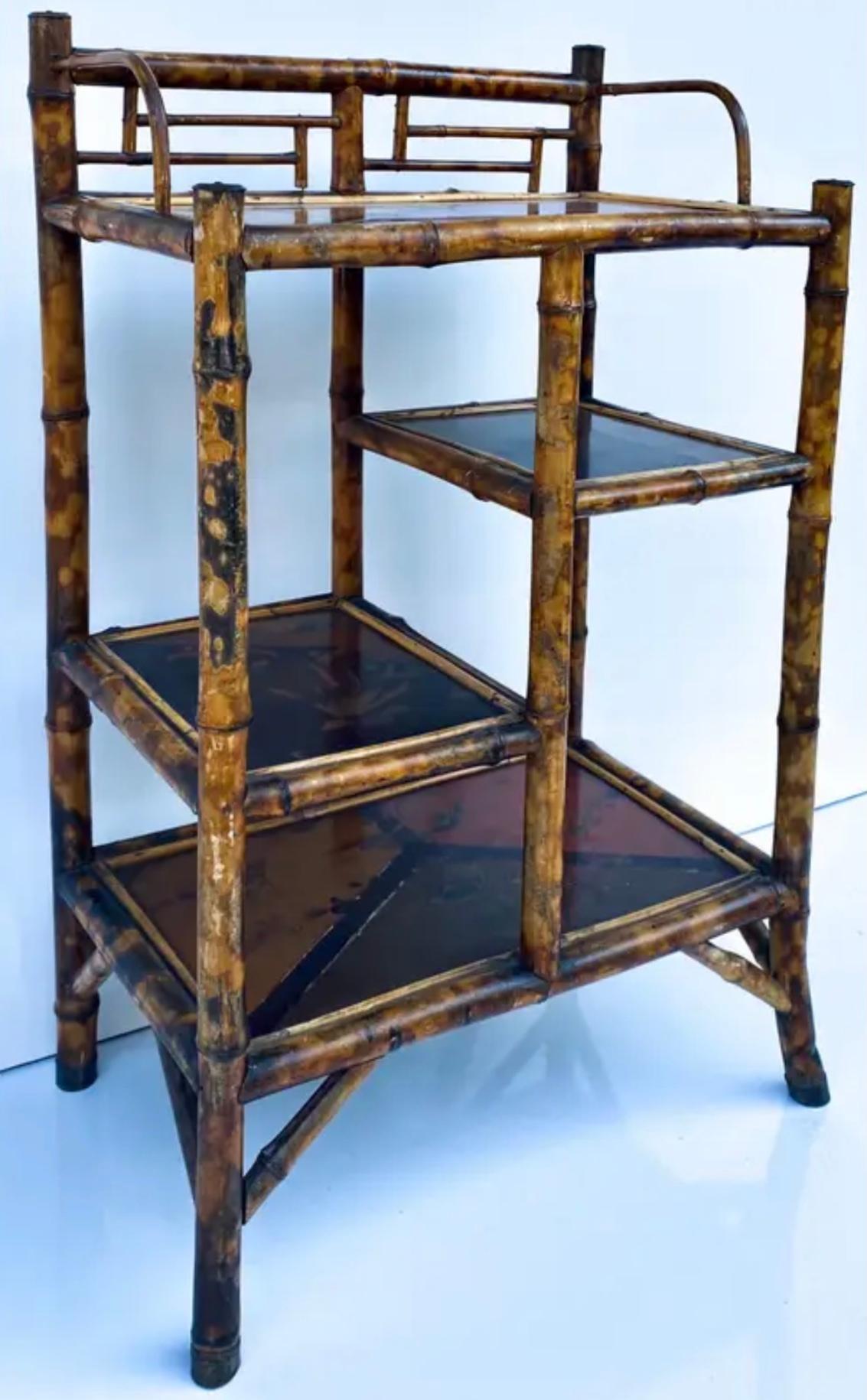 19th-C. English Aesthetic Movement Lacquer & Burnt Bamboo Plant Stand / Shelf 2