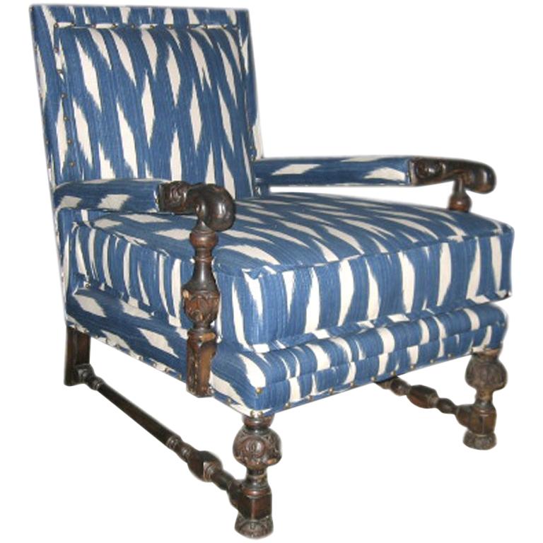 19th Century English Armchair Upholstered in Blue and White Ikat Fabric