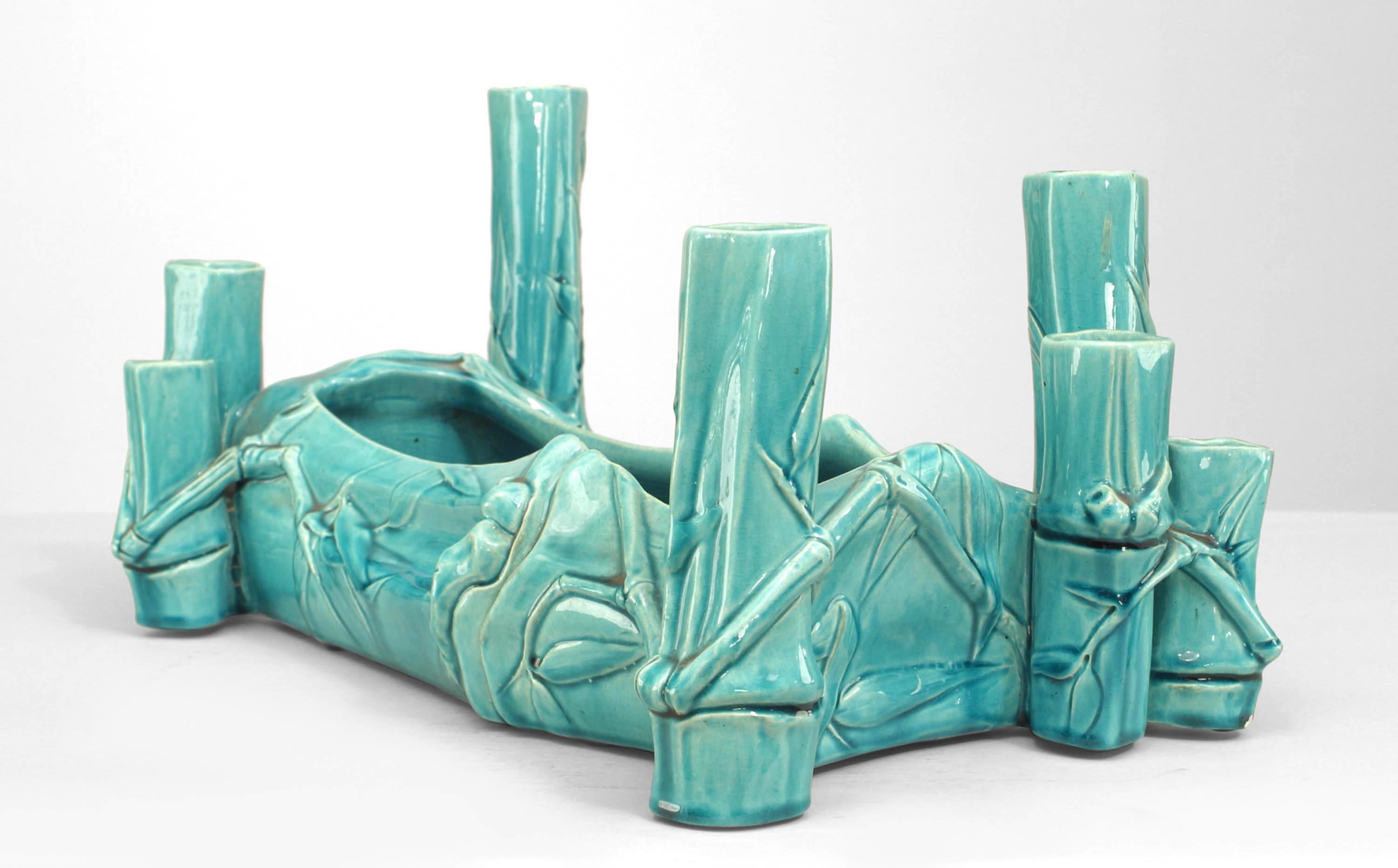 English Victorian turquoise porcelain rectangular shaped centerpiece with a bamboo design and 2 tier bud vase corners.
