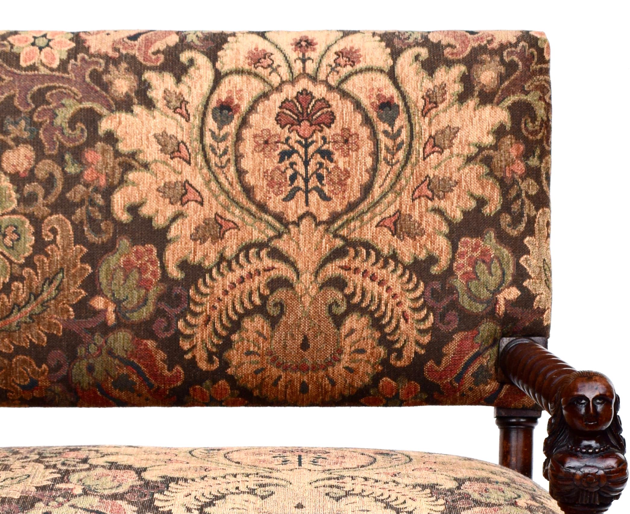 Upholstery 19th C. English Barley Twist Bench in Oak William & Mary For Sale
