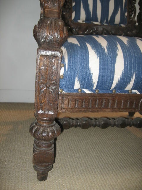19th Century English Baronial Carved Hall Armchair in Ikat Fabric In Good Condition For Sale In Dallas, TX