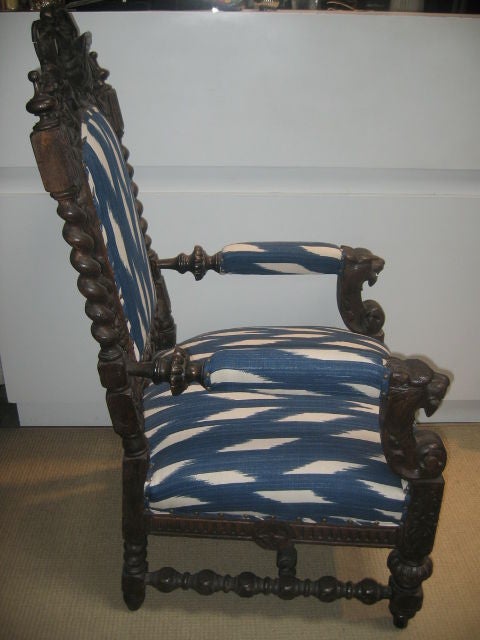 Wood 19th Century English Baronial Carved Hall Armchair in Ikat Fabric For Sale