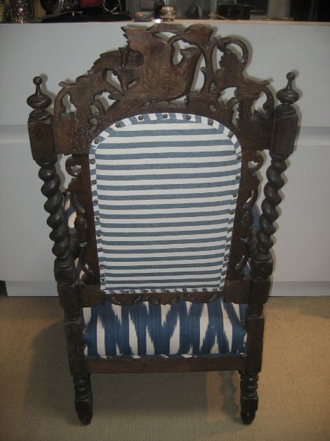 19th Century English Baronial Carved Hall Armchair in Ikat Fabric For Sale 2