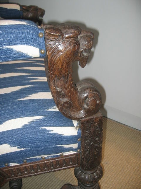 19th Century English Baronial Carved Hall Armchair in Ikat Fabric For Sale 3