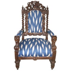 Antique 19th Century English Baronial Carved Hall Armchair in Ikat Fabric