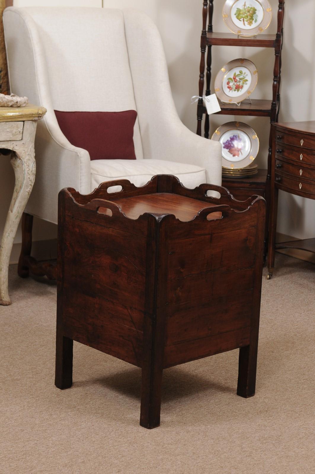 19th C English Bedside Commode w/ Cabinet, Drawer, & Tray Top in Mahogany & Pine For Sale 3
