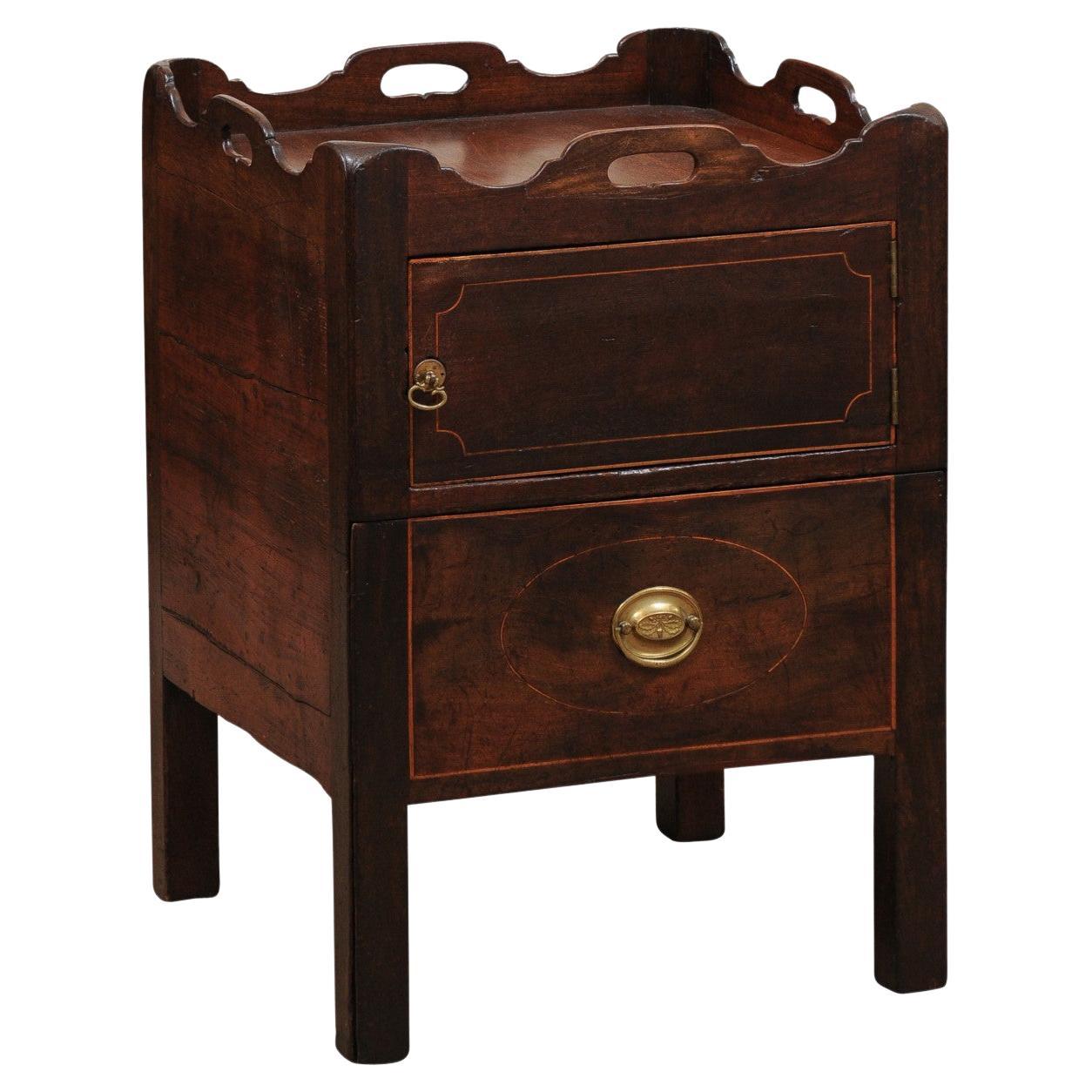 19th C English Bedside Commode w/ Cabinet, Drawer, & Tray Top in Mahogany & Pine For Sale