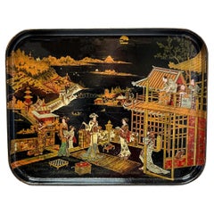 19th-C. English Black Lacquer And Gilt Chinoiserie Papier-mâché Wall Art / Tray