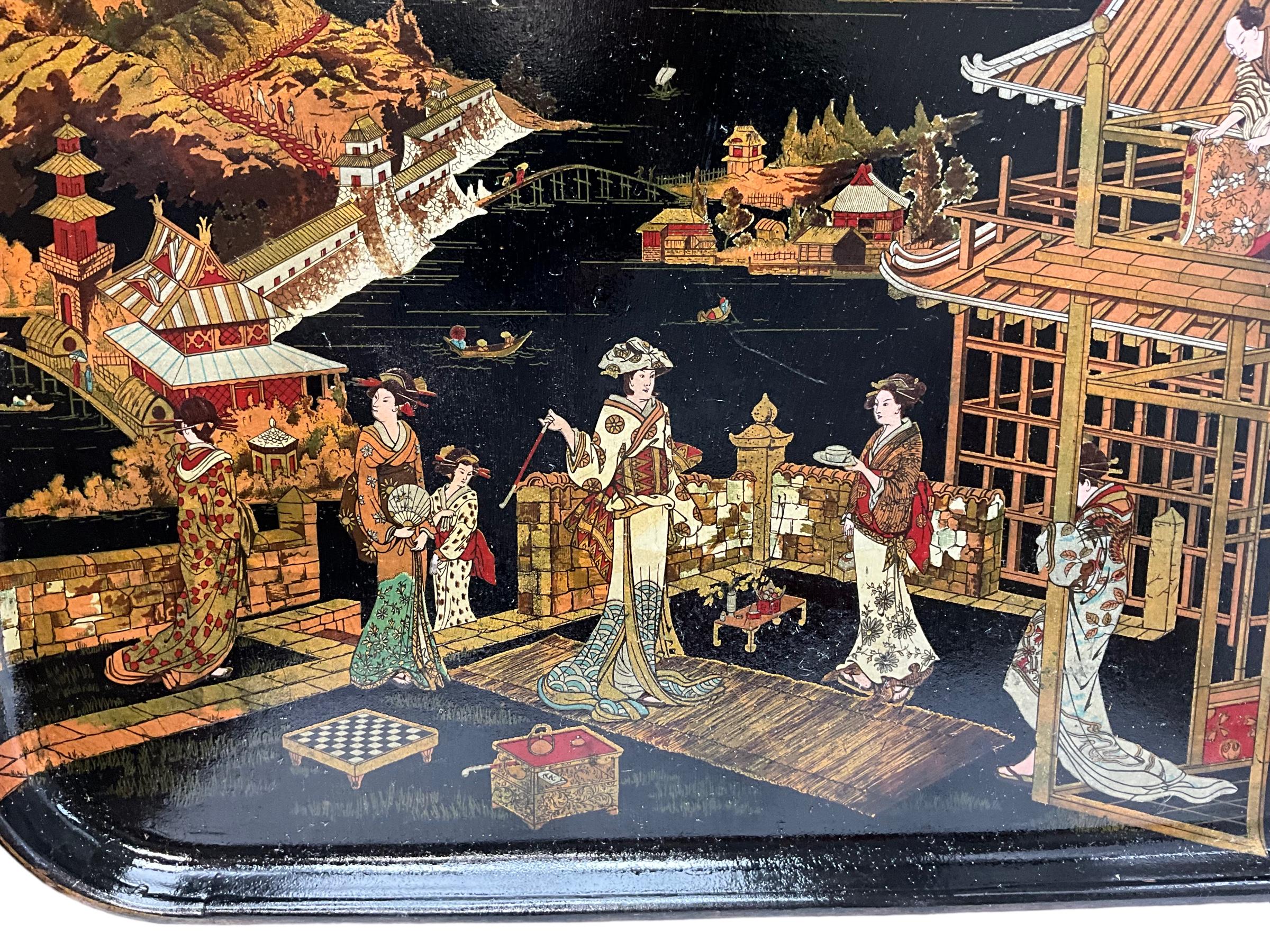 Regency 19th-C. English Black Lacquer And Gilt Chinoiserie Papier-mâché Wall Art / Tray  For Sale