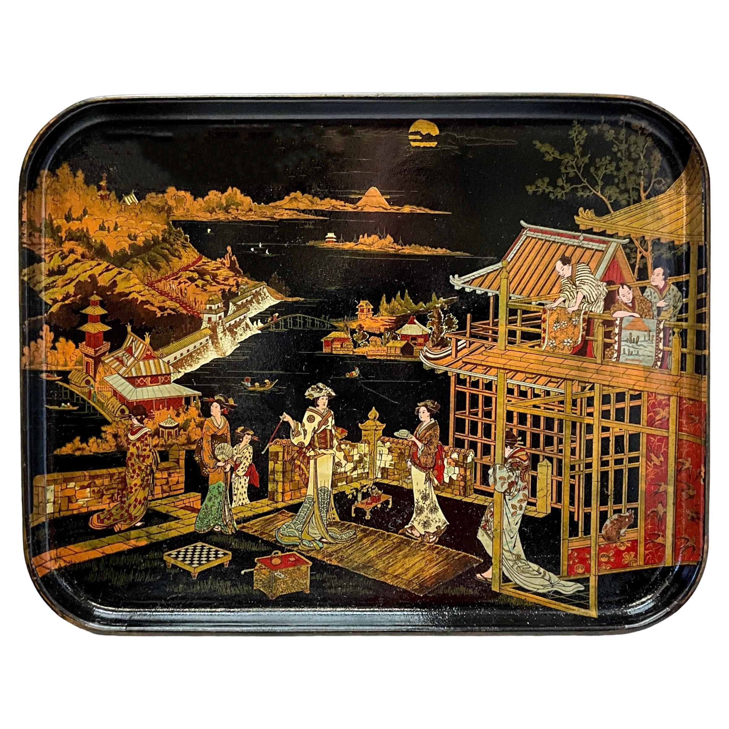 19th-C. English Black Lacquer And Gilt Chinoiserie Papier-mâché Wall Art / Tray  For Sale