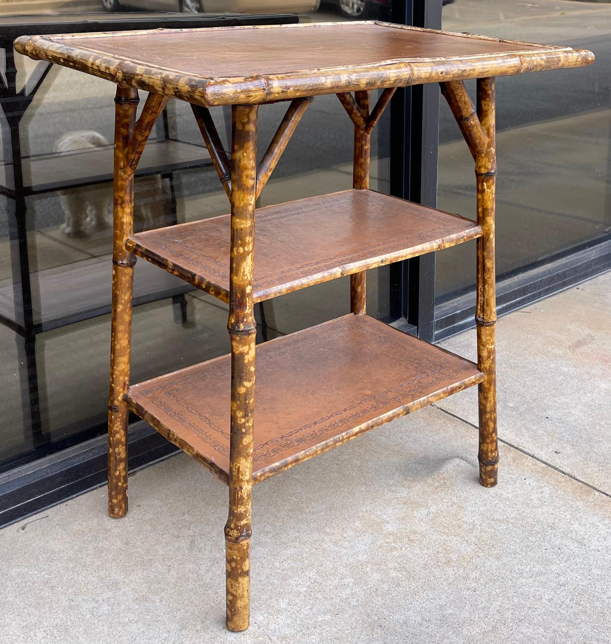 19th Century 19th-C. English Burnt Bamboo and Tooled Leather Three Tiered Side Table