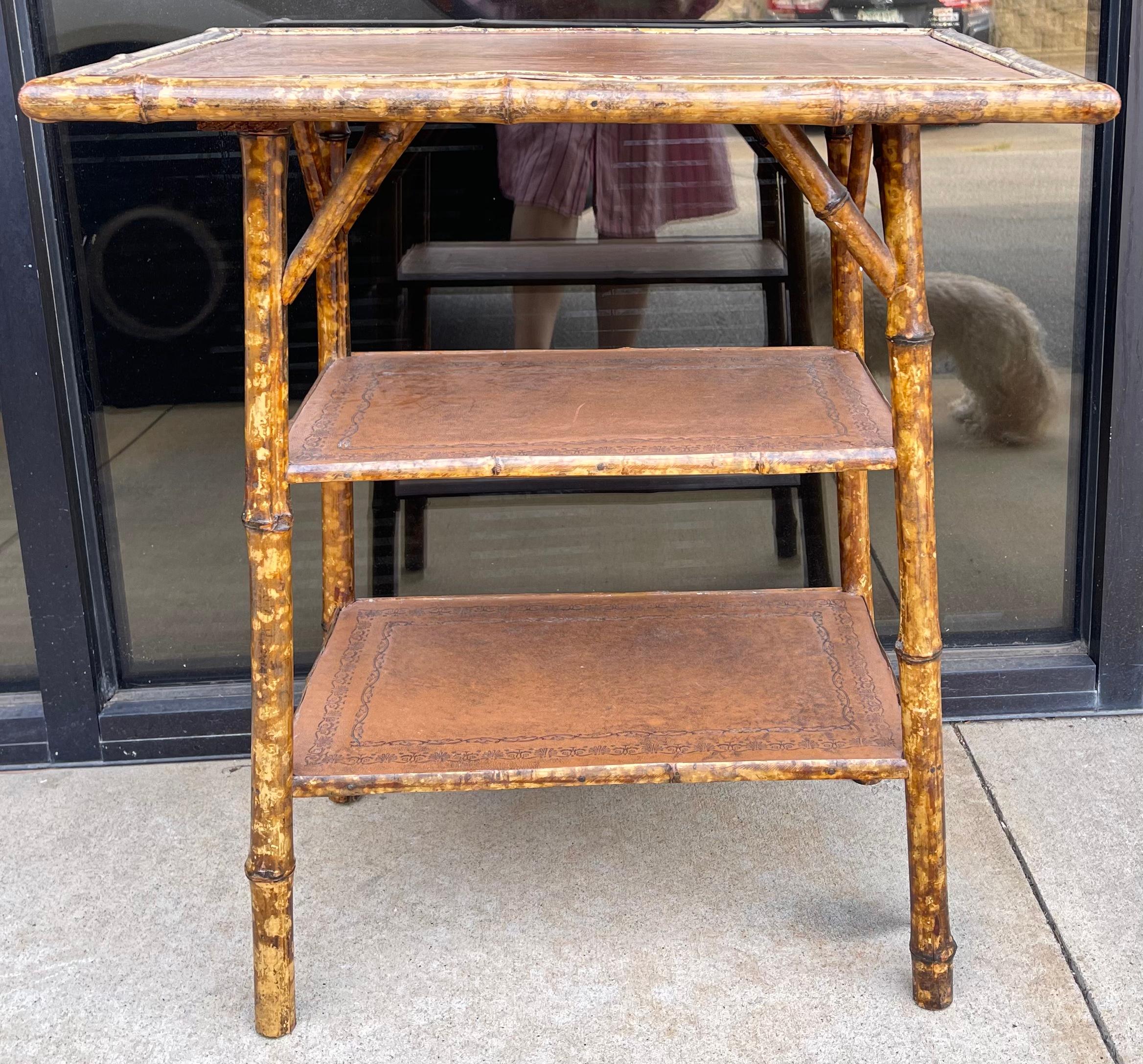 19th-C. English Burnt Bamboo and Tooled Leather Three Tiered Side Table 1