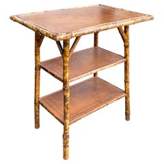 19th-C. English Burnt Bamboo and Tooled Leather Three Tiered Side Table