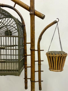 19th-C. English Burnt Bamboo Bird Cage and Plant Stand