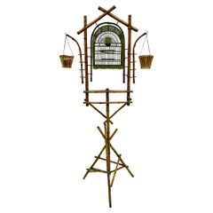 Vintage 19th-C. English Burnt Bamboo Bird Cage and Plant Stand