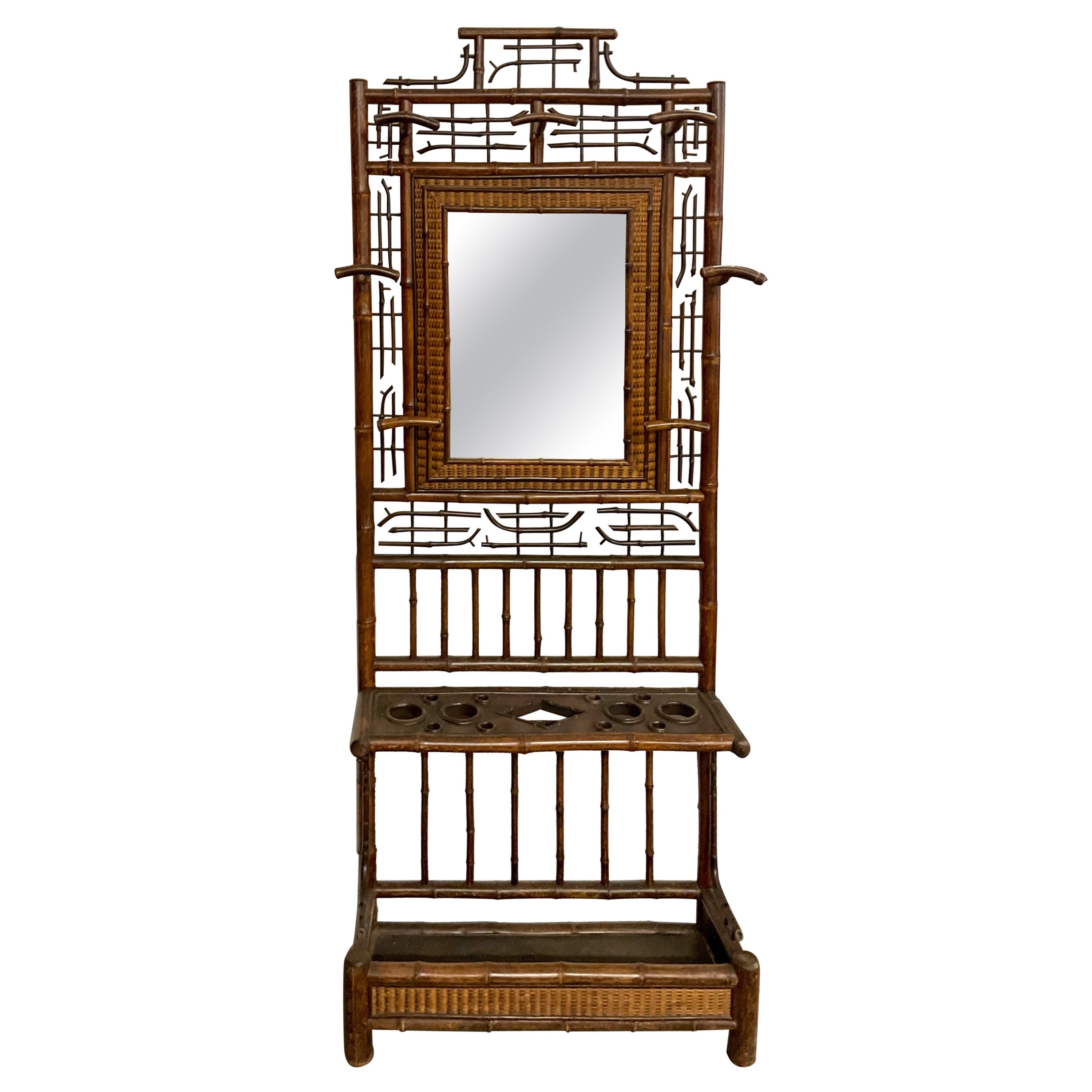 19th-C. English Burnt Bamboo Hall Tree W/ Mirror / Coat Rack / Umbrella Stand